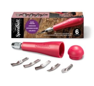 Speedball Linoleum Cutter – 5 Assorted Lino Cutters Includes Plastic Storage Handle,