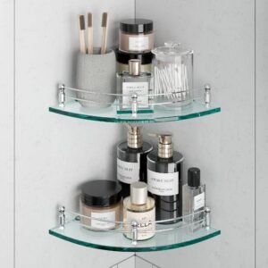 USF Bath Accessories Glass Corner Bathroom Shelves | Supreme Wall Mounted Bathroom Corner Shelf | 8mm Glass | Weight Bearing Upto 10 Kg | Corner Rack (9×9 Inches | Transparent | Round | Pack of 2)