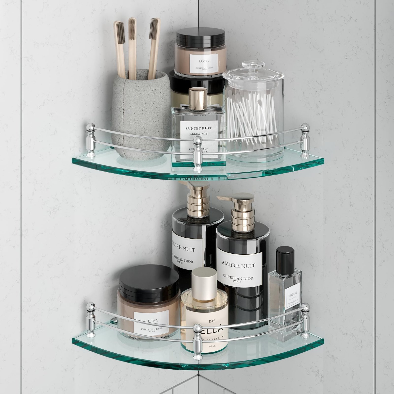 USF Bath Accessories Glass Corner Bathroom Shelves | Supreme Wall Mounted Bathroom Corner Shelf | 8mm Glass | Weight Bearing Upto 10 Kg | Corner Rack (9×9 Inches | Transparent | Round | Pack of 2)