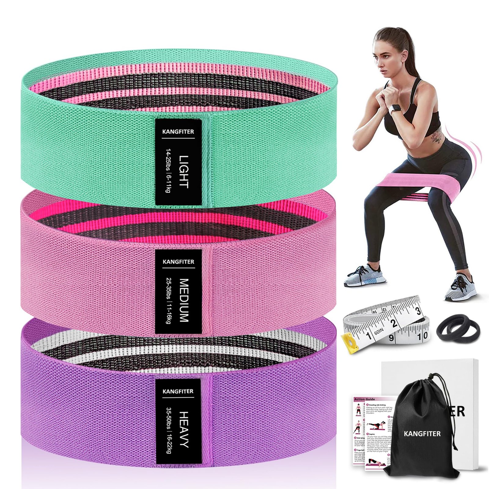 KANGFITER Fabric Resistance Bands for Working Out, 3 Level Non-Slip Booty Bands for Women and Men, Loop Exercise Bands Set for Leg and Glutes, Hip Elastic Bands for Home and Gym Fitness, Yoga, Pilates