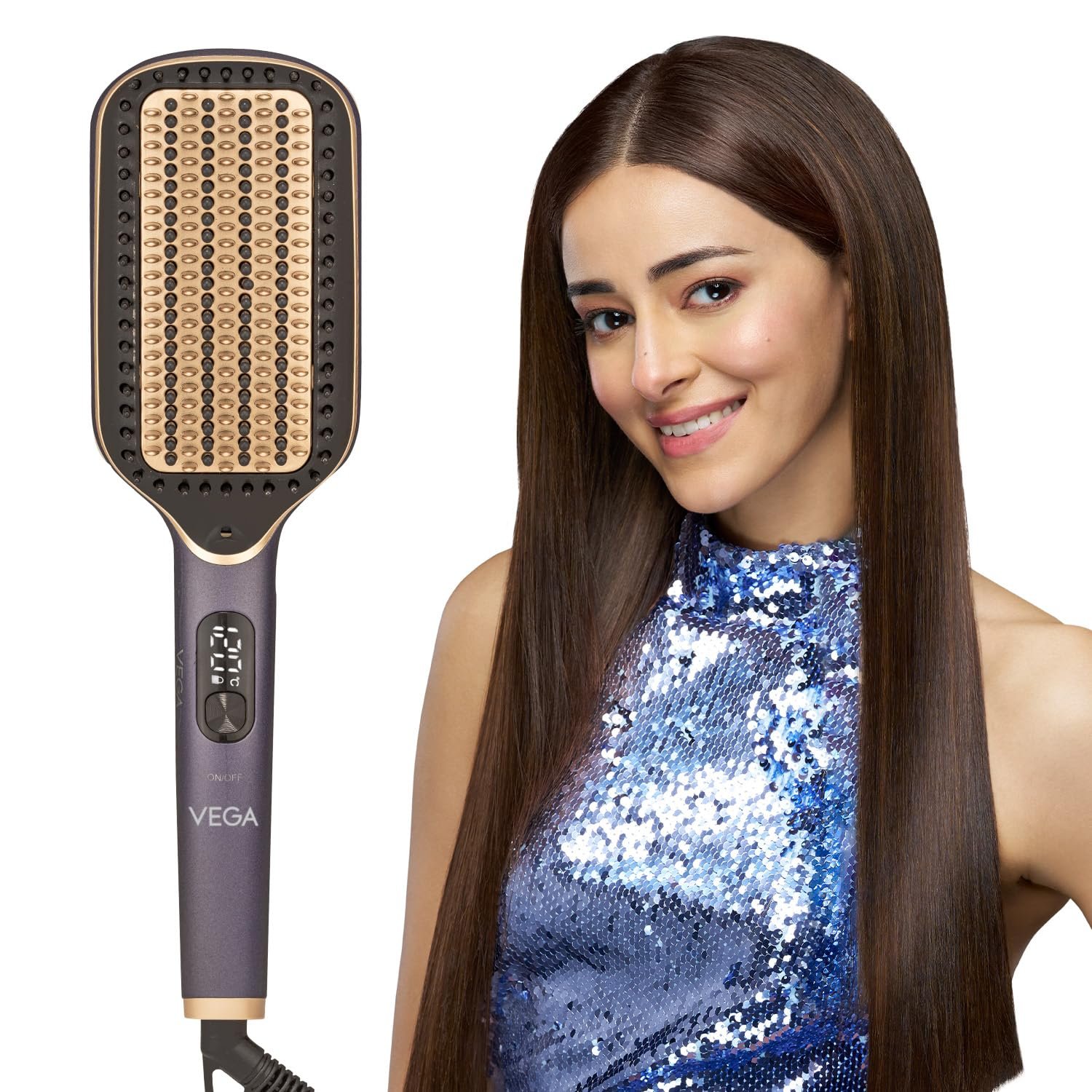 VEGA Hair Straightener Brush With Up To 12 Hrs Straightening Effect,Triple Care & Thermoprotect Technology,Frizz Free Hair In Few Mins,Hot Brush With 5 Temperature Settings(Litstyle L1,Vhsb-06),Purple