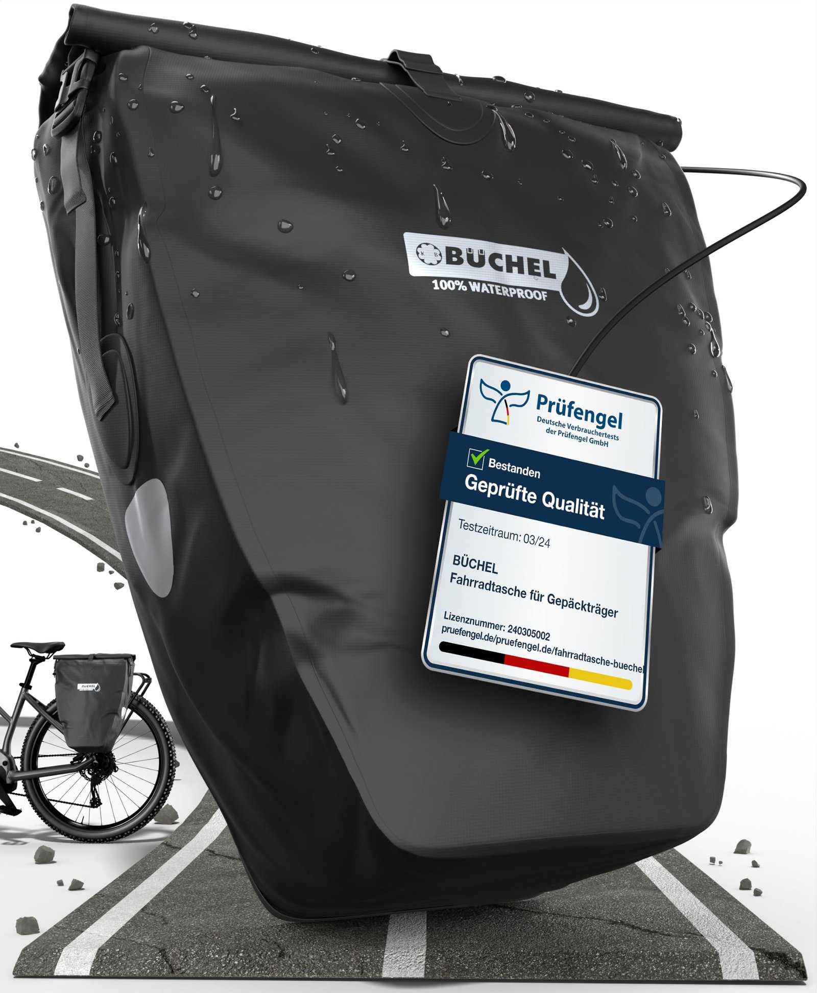 Büchel Bicycle Bag for Pannier Rack, 100% Waterproof, Black, 25.4 L – 56.5 x 30 x 15 cm, Single, Solid, Zipper Pocket, Removable Strap, Rack Mount, Universal Fit, Carrying Handle, Shoulder Strap