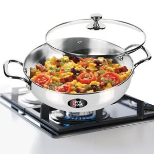 MILTON Pro cook 3-Layer Thick Triply Bottom I Induction Cookware & Gas Stove Friendly Stainless Steel Kadhai with Glass Lid 28cm | 4.2 litres | Kadai for Cooking | Deep Frying | Stir-Fry | Silver