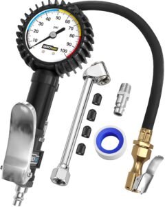 Tire Inflator with Pressure Gauge and Dual Head Air Chuck ââ‚¬â€œ Heavy Duty Air Chuck with Accurate Gauge for Air Compressors and Inflators – 100PSI Easy Read Glow Dial