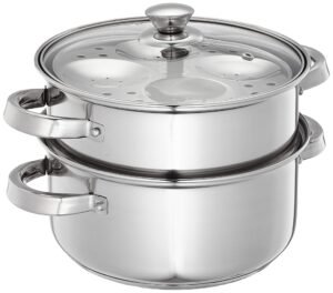 Amazon Brand Solimo – Stainless Steel 2 Tier – Steamer / Idli Cum Modak Maker With Glass Lid- 20 Cm | 3 Liters | Induction Base | Silver