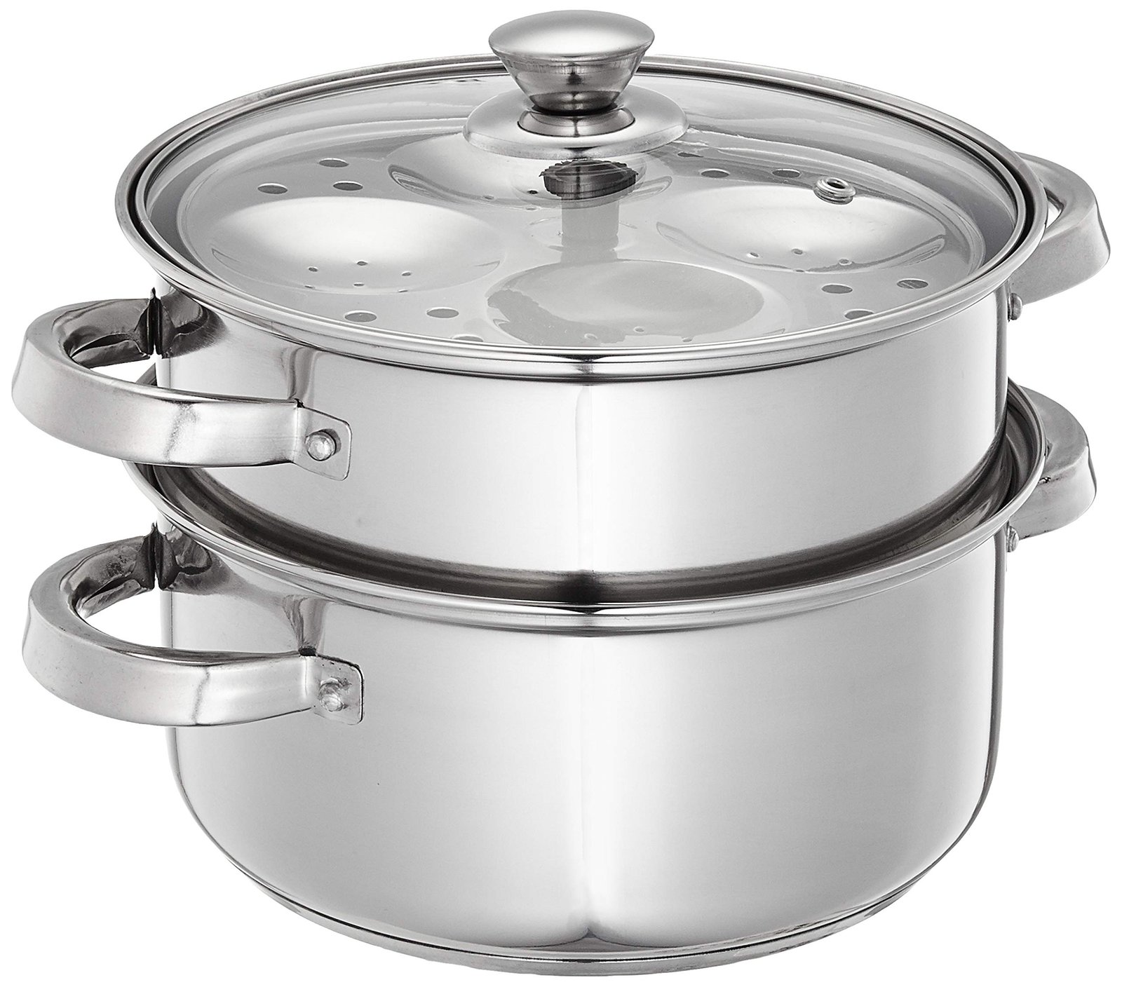 Amazon Brand Solimo – Stainless Steel 2 Tier – Steamer / Idli Cum Modak Maker With Glass Lid- 20 Cm | 3 Liters | Induction Base | Silver