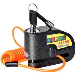 Mathtoxyz Motorcycle Alarm Disc Brake Lock, Motorcycle Locks Anti-Theft Security Wheel Disc Lock Waterproof 110dB Alarm Sound with 5ft Reminder Cable Keys and Carry Pouch for Motorbike Bike Scooter.