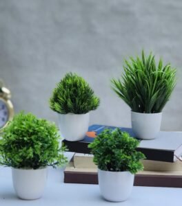 Litleo Plastic Mini Artificial Plant with Pot, Multiple Designs, for Home, Office Decor, Gift, School Project, Art (Set of 4 Green)
