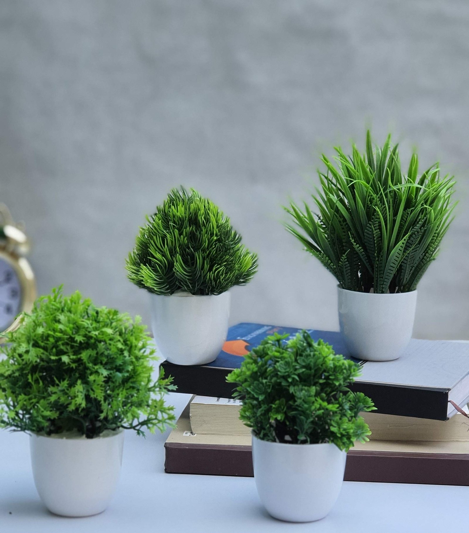Litleo Plastic Mini Artificial Plant with Pot, Multiple Designs, for Home, Office Decor, Gift, School Project, Art (Set of 4 Green)