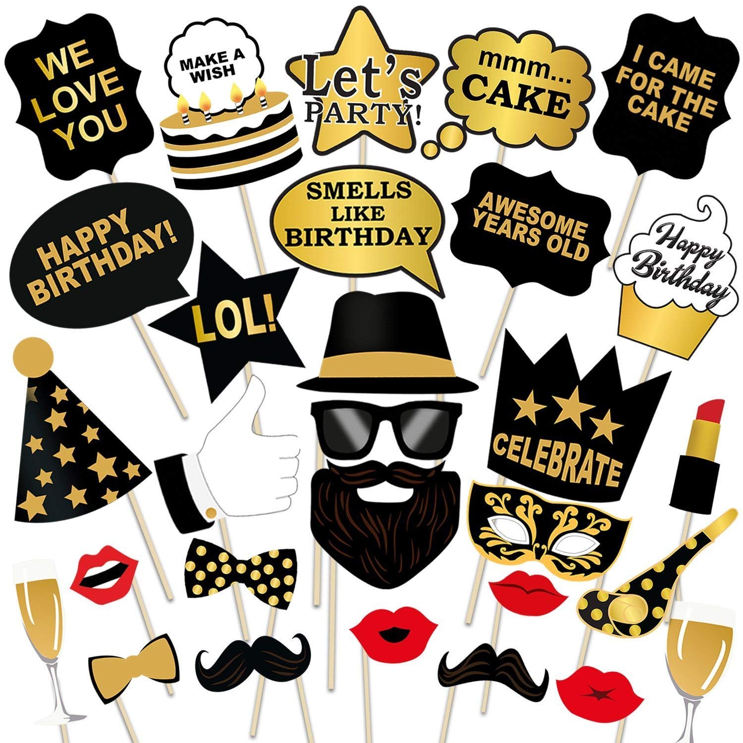 Party Propz Birthday Photo Booth Props – 29pcs Set with Funny Crown, Fun Mask, Hats, Beard, Happy Face, Mustache | Birthday Props | Party Props | Party Props Props for Adults