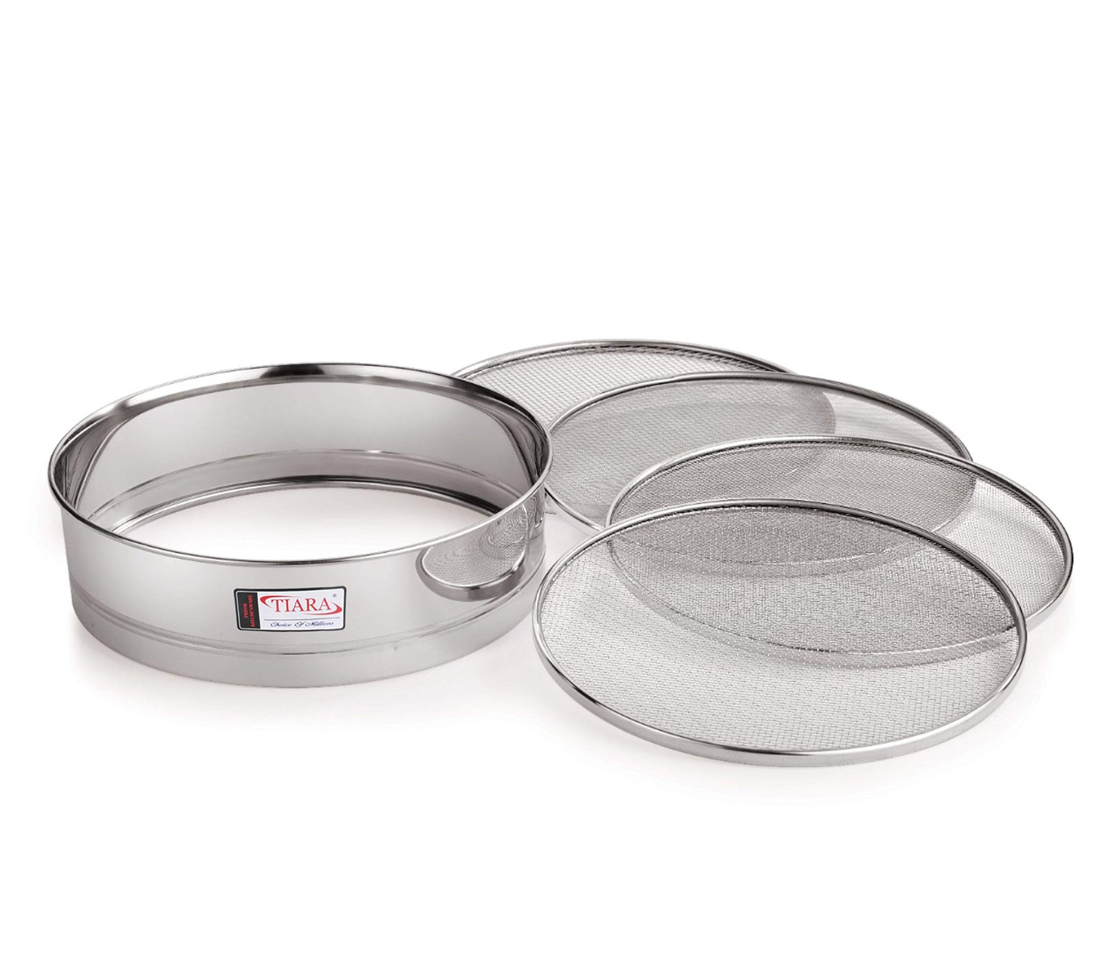 TIARA – 4in1 Stainless Steel Interchangeable Sieve Set of 5 Flour Chalni Spices Food Strainers Atta Chalni Jaali Channi Atta Maida Strainer Silver