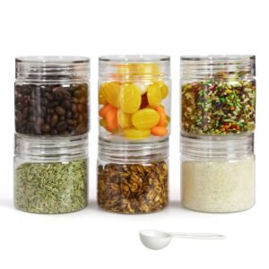PEARLPET Plastic Containers for Kitchen Storage | Plastic Container Set with Spoon | BPA-Free, Stackable Jars | Transparent, 200 ML (Set of 6)