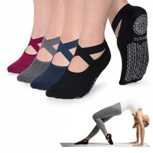 Non Slip Socks for Yoga Pilates Barre Fitness Hospital Socks for Women, 4 Pack