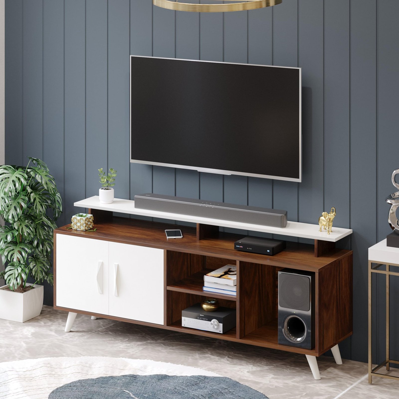 BLUEWUD Skiddo Engineered Wood TV Entertainment Unit Set Top Box Stand/TV Cabinet with Shelves for Books & Décor Display Unit Bed Living Room Upto 55 Inches – DIY (Brown Maple & White)