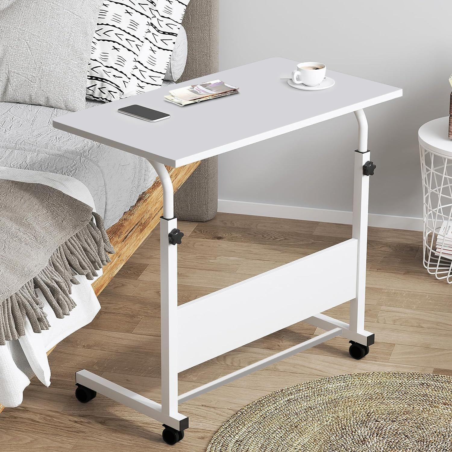 Torche Ironwood Multipurpose Height Adjustable Movable Table for Computer & Laptop Table with Wheels (Big-Frosty White)(White-Frame)