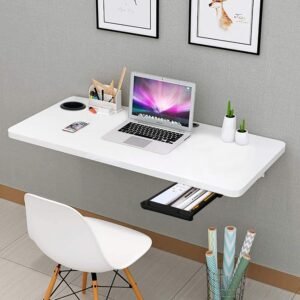 QARA (31 x 18.5 inches Wood Wall Mounted Round Corner Folding wall Study Table with Cup Holder | Wall Mount Table with Drawer | Foldable Laptop Desk for Home and Office Computer- White