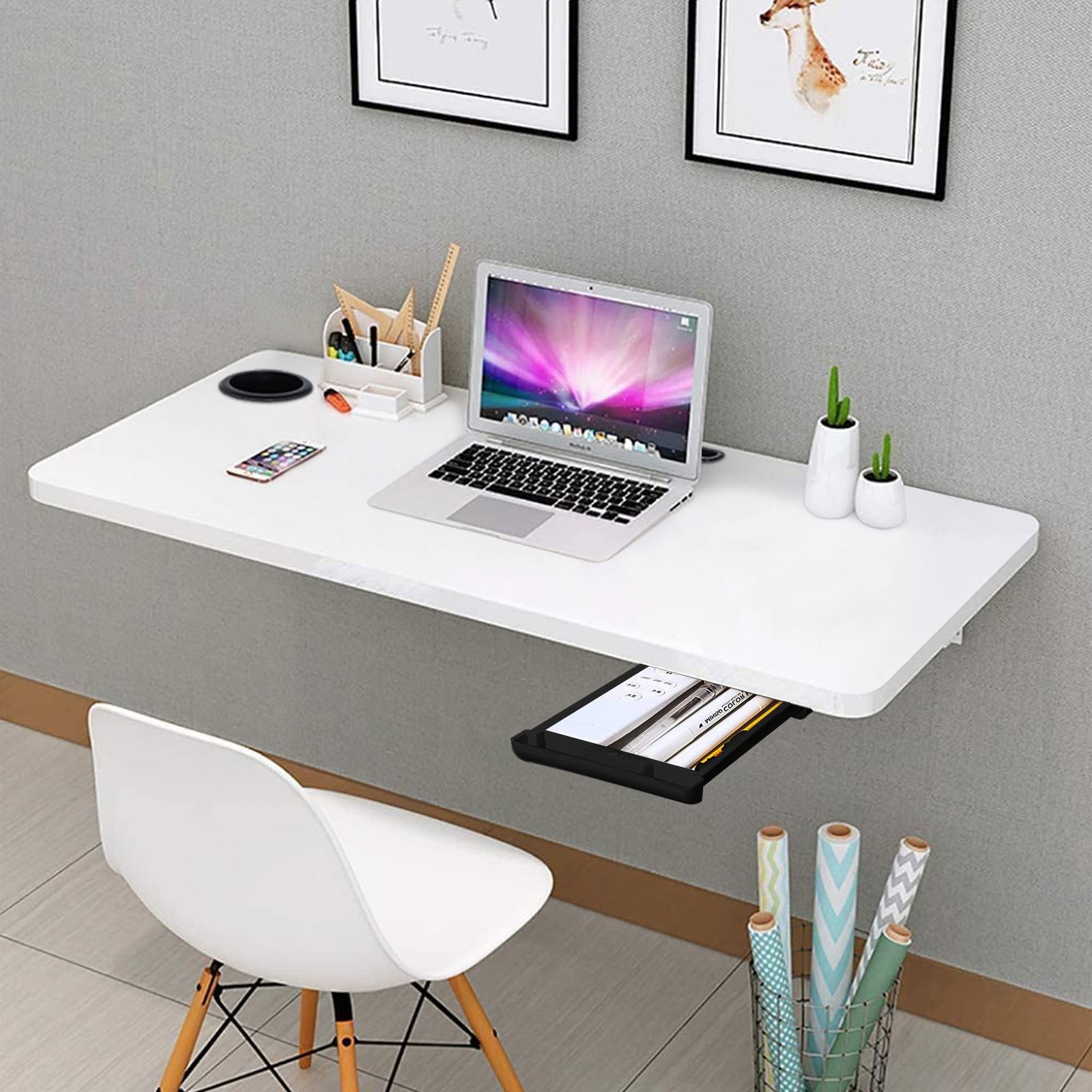 QARA (31 x 18.5 inches Wood Wall Mounted Round Corner Folding wall Study Table with Cup Holder | Wall Mount Table with Drawer | Foldable Laptop Desk for Home and Office Computer- White