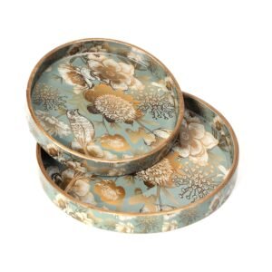 DULI Set of 2 MDF Wood Trays Enamel Coated| Round Trays Set of 2 | Serving Trays | Wooden Tray | Kitchen&Dining Decorative | Resin Tray | Handmade | 7×7 & 9×9 inches (Setof2Round: GreyGoldBirds)
