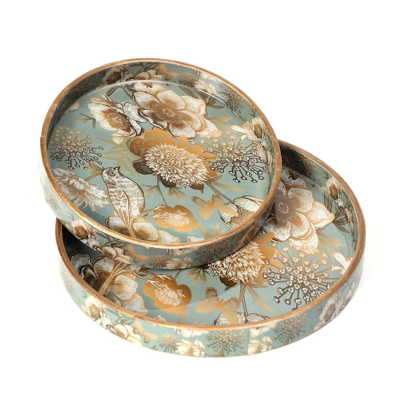 DULI Set of 2 MDF Wood Trays Enamel Coated| Round Trays Set of 2 | Serving Trays | Wooden Tray | Kitchen&Dining Decorative | Resin Tray | Handmade | 7×7 & 9×9 inches (Setof2Round: GreyGoldBirds)