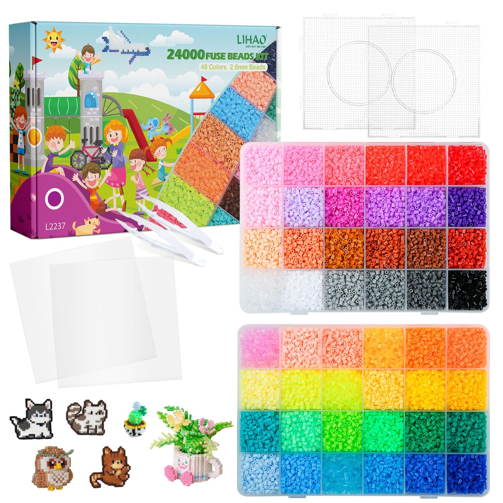 LIHAO 24000 Rainbow Mix Fuse Beads Kit, 48 Colors, 2.6mm Square Iron Beads, Includes Tools, Great for Crafts