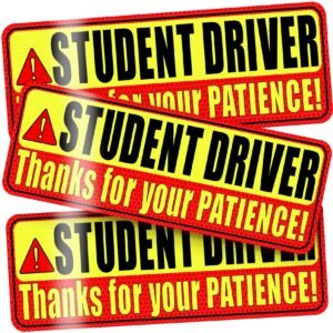 PSLER 3 Pcs Student Driver Magnet for Car,be patient student driver magnet Boys and Girls New Student Driver Sticker Safety Warning Red and Yellow Reflective Signs Reusable Movable 10.8”3.7inch Gifts