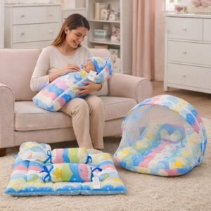 Fareto Combo of Baby Bed with Net | Carry Bag | 4 Pcs Bedding Set (0-6 Months, Baby Size, Cotton) (Blue NEW Star)