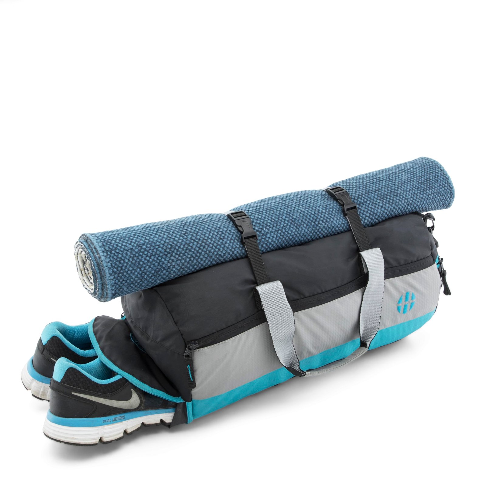 Harissons Trinity 28L Water Resistant Sports Duffel Gym Bag for Men & Women with Shoe Compartment & Yoga Mat Holder (Black & Turquoise)