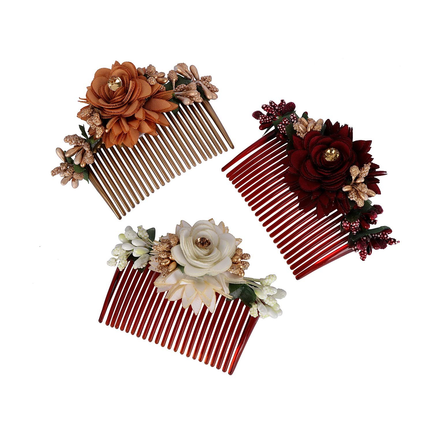 Accessher Multicolor Pack of 3 Acrylic Comb Indo Western Fancy Hair Clip/Side/Comb Pin/Jooda Pin Hair Accessories with Cloth flower for women and girls pack of 3