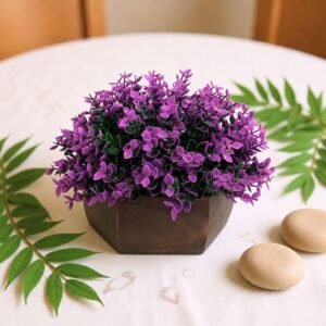 fancymart Artificial Hackleberry Purple Plant in Wooden Hexagon Pot, 15 cm Height – Stylish Tabletop Decoration for Living Room, Office Desk, Shelf Display, Elegant Mini Potted Accent (Pack of 1)