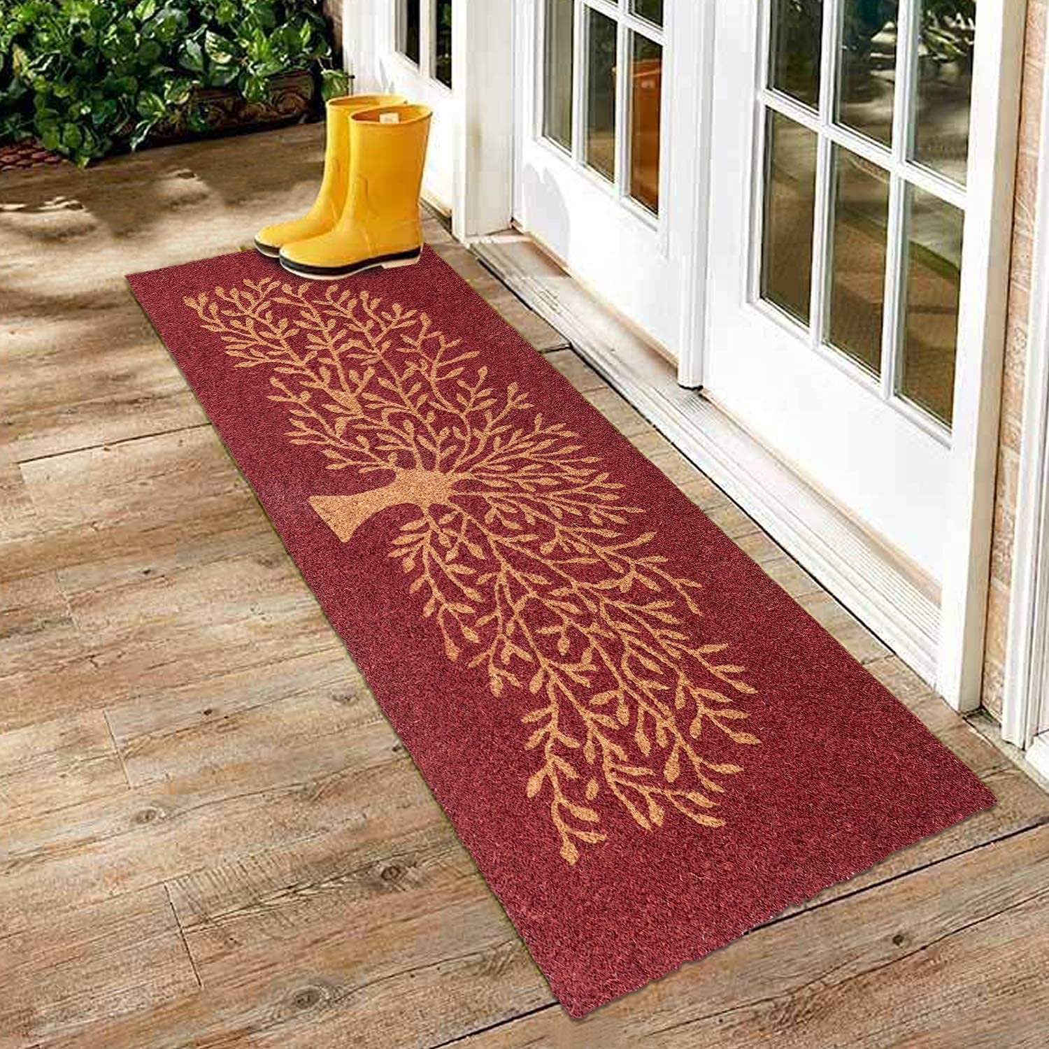 Onlymat Extra Long Doormat, Natural Coco Coir Tree Print Door Mat with Non Slip PVC Backing, Long 48″x16″ Rug for Double Door Entry, Heavy Duty Mat for Front Porch & Entryway, Brown Inverted