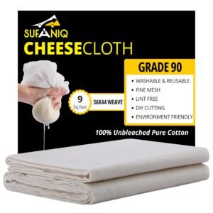 Sufaniq Cheesecloth Grade 90 ‘ 1 Sq Yard Unbleached 100% Cotton Fabric Reusable Ultra Fine Muslin Cloth for Straining,Cooking,Cheesemaking,Baking,5 x 10 x 0.5 Centimeters,Beige