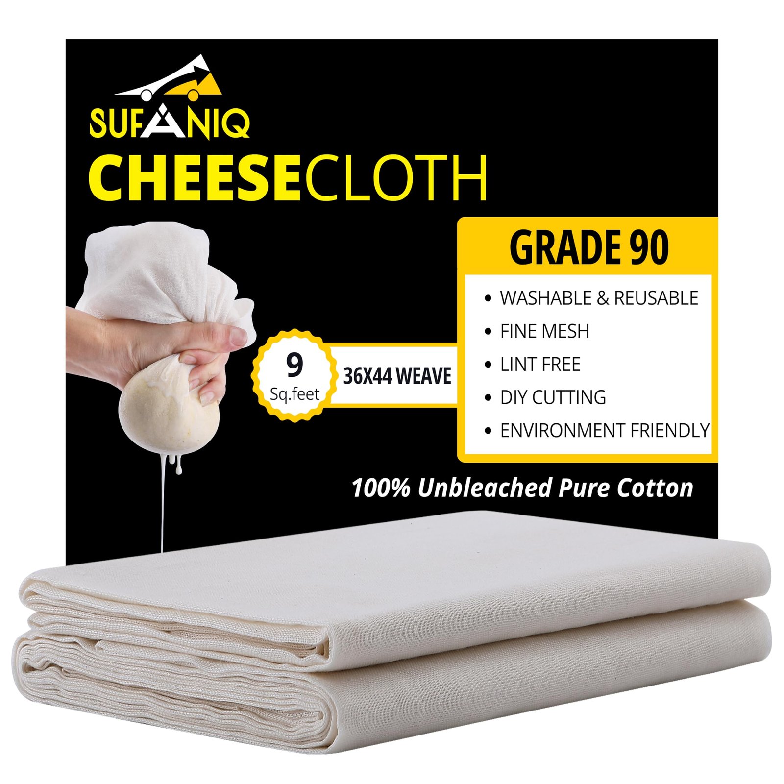Sufaniq Cheesecloth Grade 90 ‘ 1 Sq Yard Unbleached 100% Cotton Fabric Reusable Ultra Fine Muslin Cloth for Straining,Cooking,Cheesemaking,Baking,5 x 10 x 0.5 Centimeters,Beige