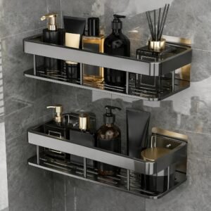 amazon basics 2 Pack Aluminium Bathroom Shelf for Wall, Dual Installation Self-Adhesive & Drill Mount, Rust-Resistant Bathroom & Kitchen Organiser Rack for Shampoo, Soap & Toiletries, Black
