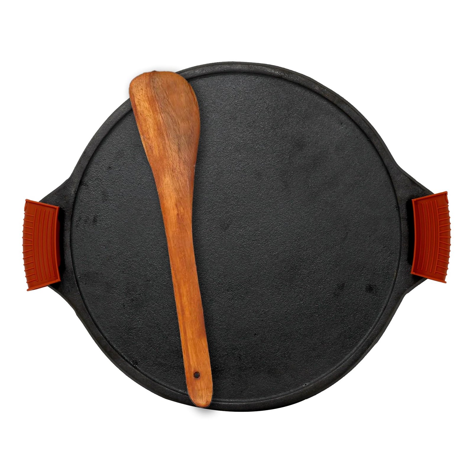 Rock Tawa Dosa Tawa 12 Inch Pre-Seasoned Cast Iron with Free Wooden Spatula and Silicon Grip Cover