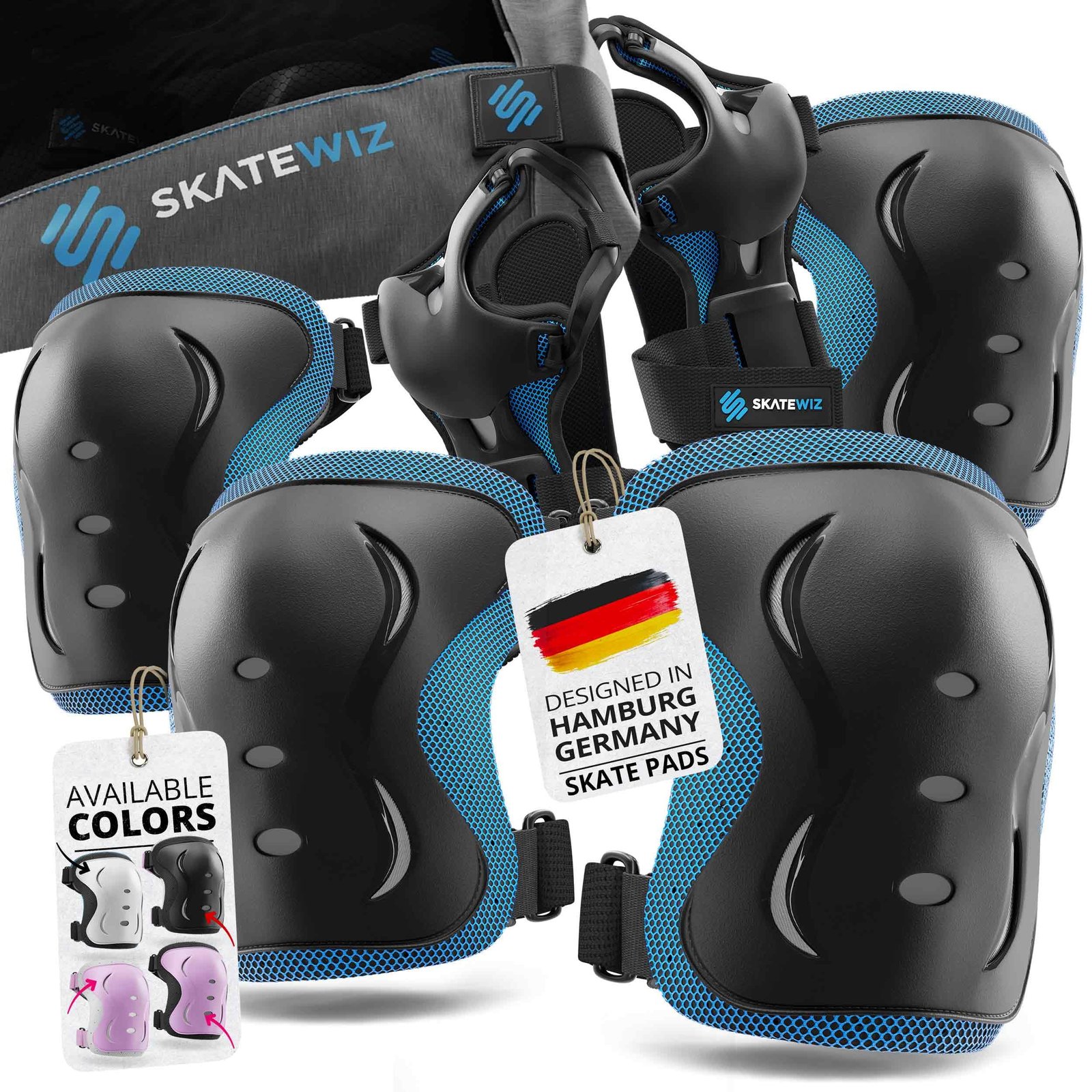 SKATEWIZ Knee and Elbow Pads for Kids 5-8 – Impact Size XS Blue – Knee Pads for Kids – Wrist Guards for Skating Scooter Roller Skates Skateboard – Ice Skates Ages 6-12