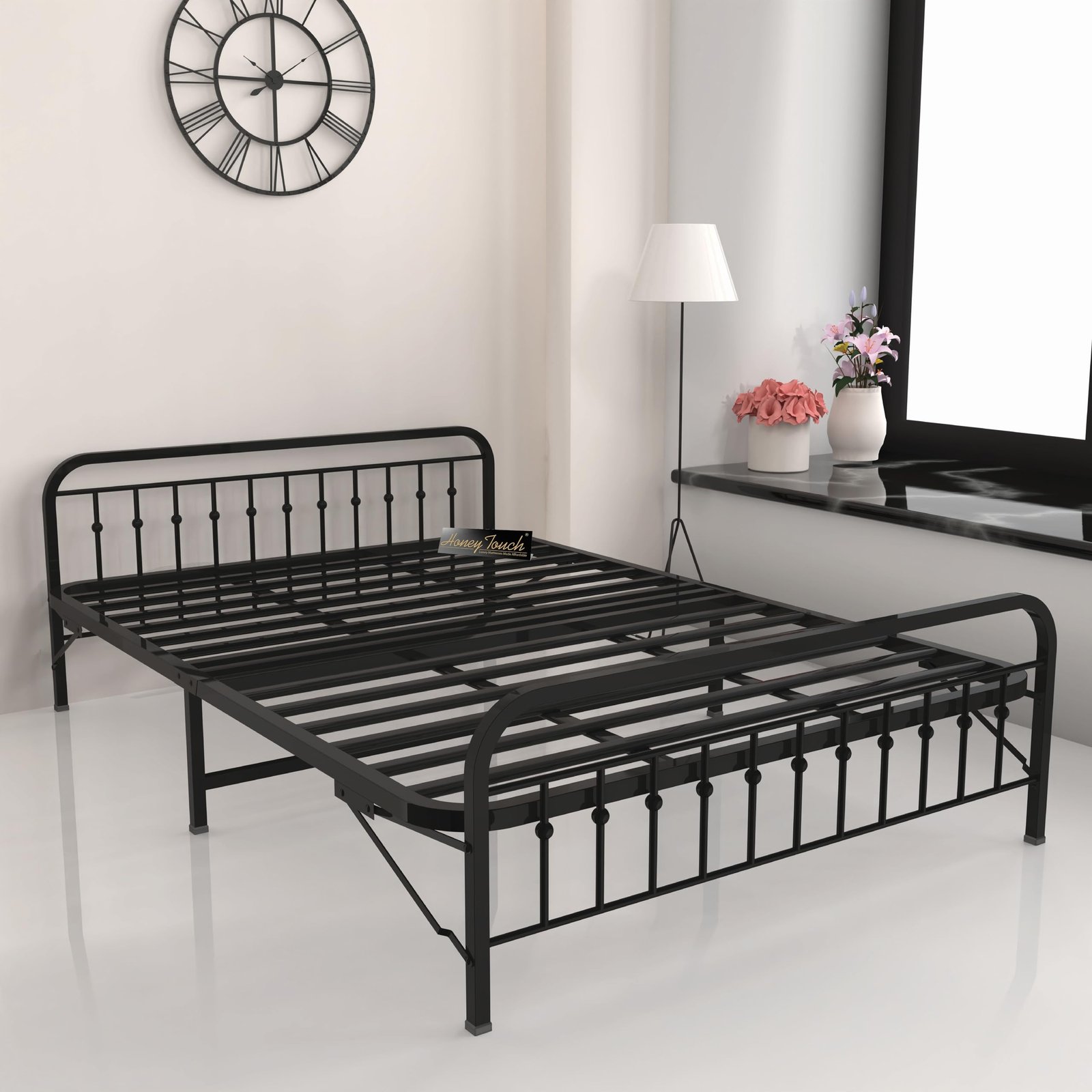 Honey Touch Nova Folding Double Bed Without Mattress | No Assembly Required | Foldable Bed for Sleeping/Guests/Rented Apartments/Bedroom(4×6.25ft, Black)