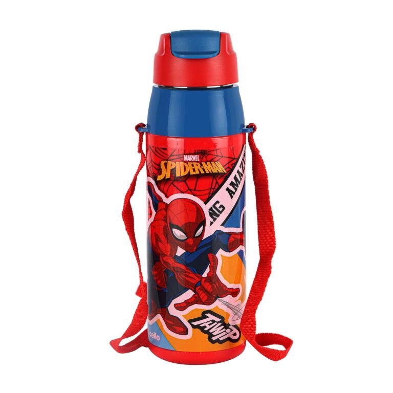 CELLO Puro Steel-X Hydra Kid 600 Inner Steel Insulated Water Bottle 520ml, Red | Spiderman Print | ISI Certified, Leakproof | Easy to Carry with Loop | Insulated Cold Water Bottle For School, Picnic