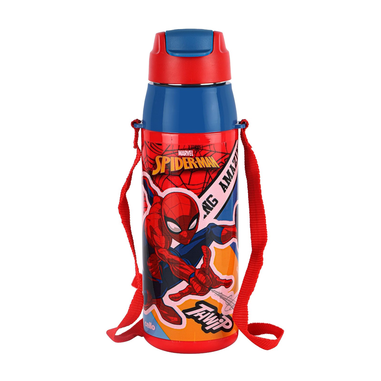 CELLO Puro Steel-X Hydra Kid 600 Inner Steel Insulated Water Bottle 520ml, Red | Spiderman Print | ISI Certified, Leakproof | Easy to Carry with Loop | Insulated Cold Water Bottle For School, Picnic