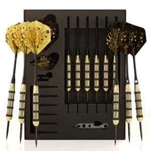 CC-Exquisite Professional Darts Set – 6 Steel Tip Darts Complete with 12 Dart Flights and 12 Aluminum Shafts Customizable Configuration, 12 O-Rings, Tool, Sharpener and Case for Man Cave & Game Room