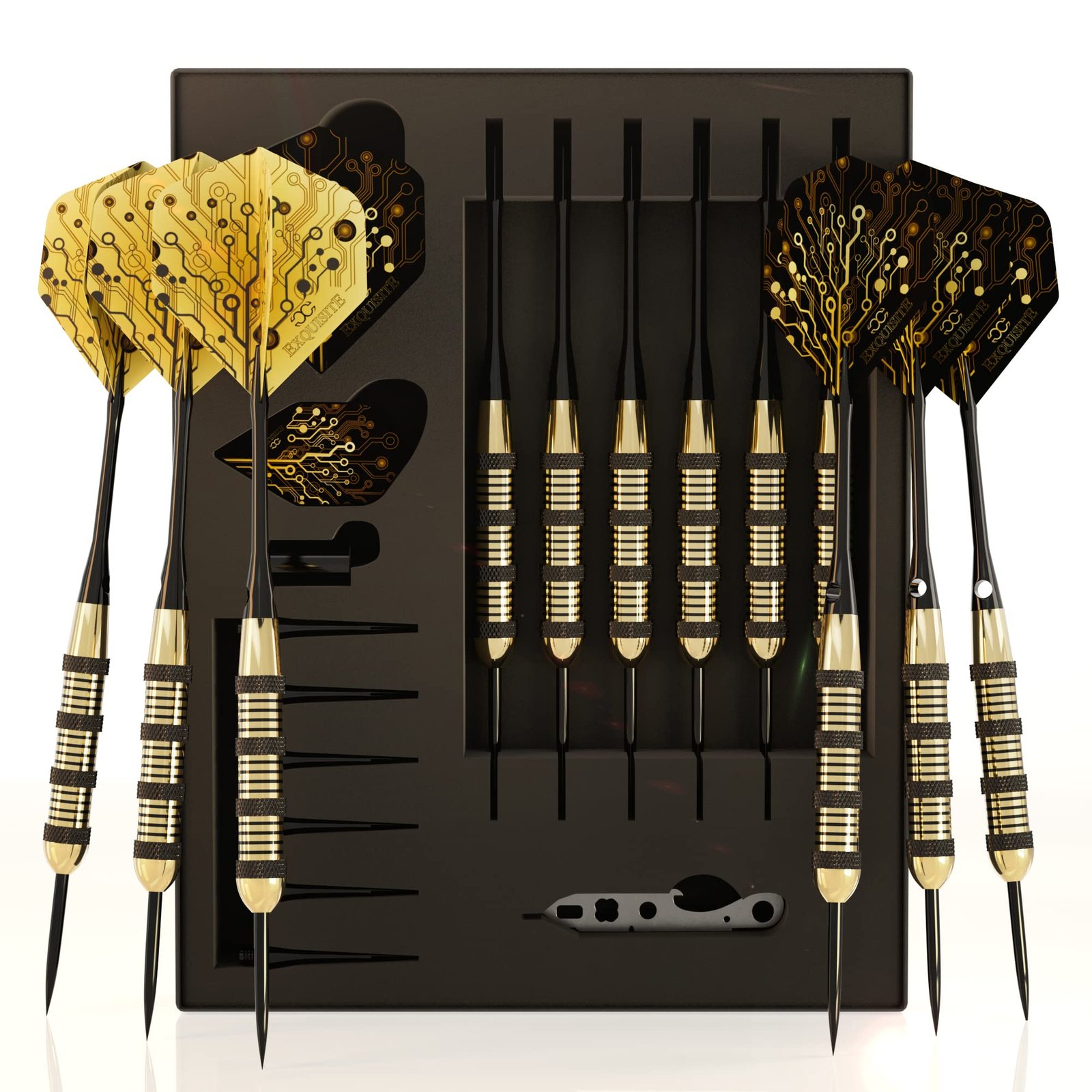 CC-Exquisite Professional Darts Set – 6 Steel Tip Darts Complete with 12 Dart Flights and 12 Aluminum Shafts Customizable Configuration, 12 O-Rings, Tool, Sharpener and Case for Man Cave & Game Room