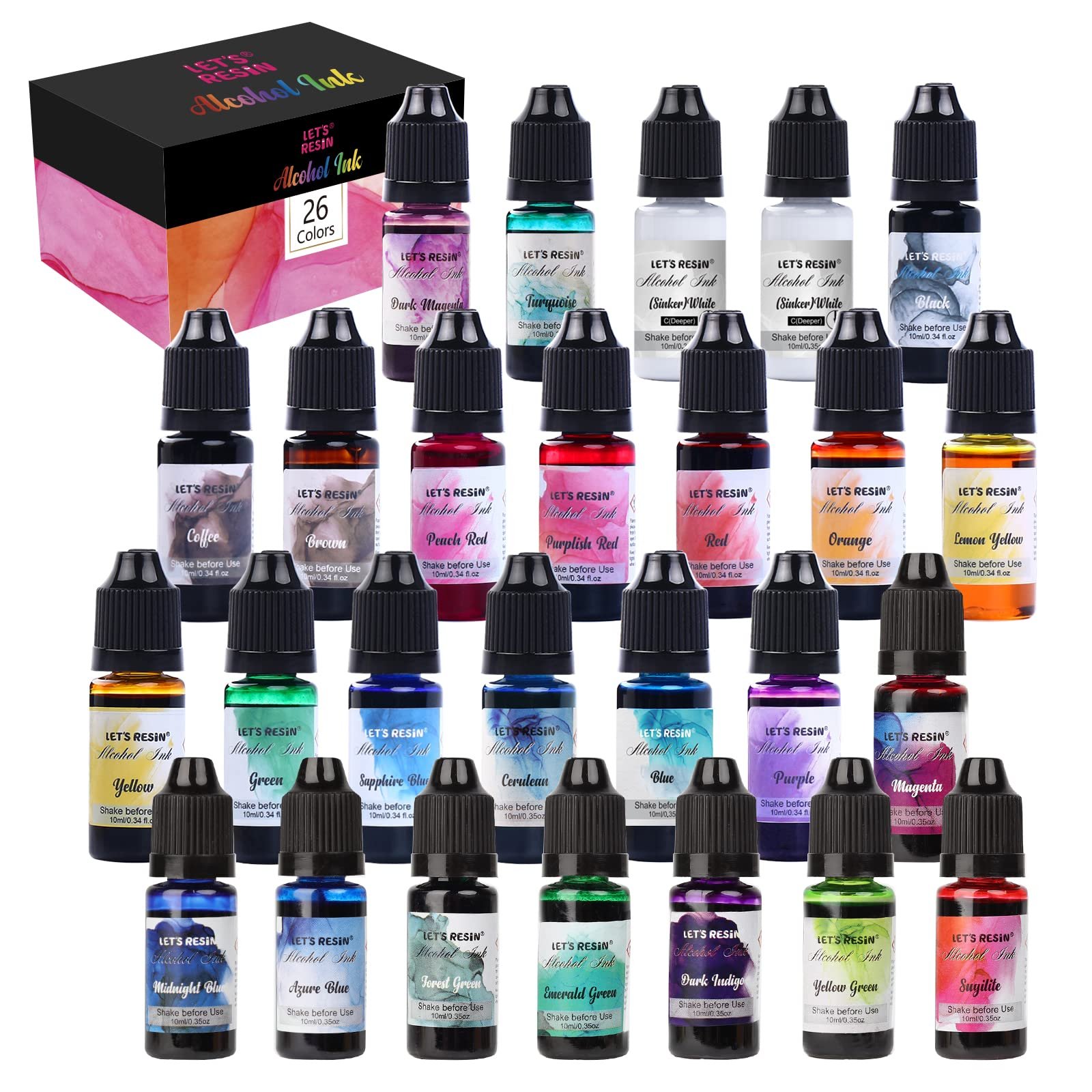 LET’S RESIN Alcohol Ink Set, 26 Vibrant Colors, Alcohol-Based Ink for Resin Art, Tumblers, Epoxy (Each 0.35oz)