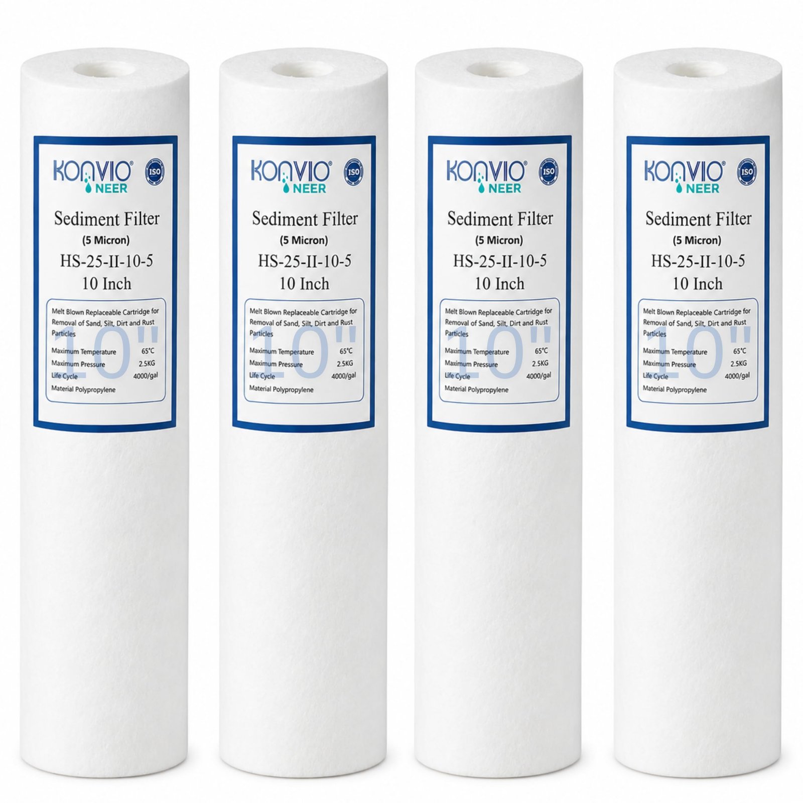 KONVIO NEER 10 Inch PP Spun Filter Cartridge, 5 Micron, High Density Polypropylene Pre Filter for Standard 10 Inch Water Purifier Pre Filter Housing, Pack of 4