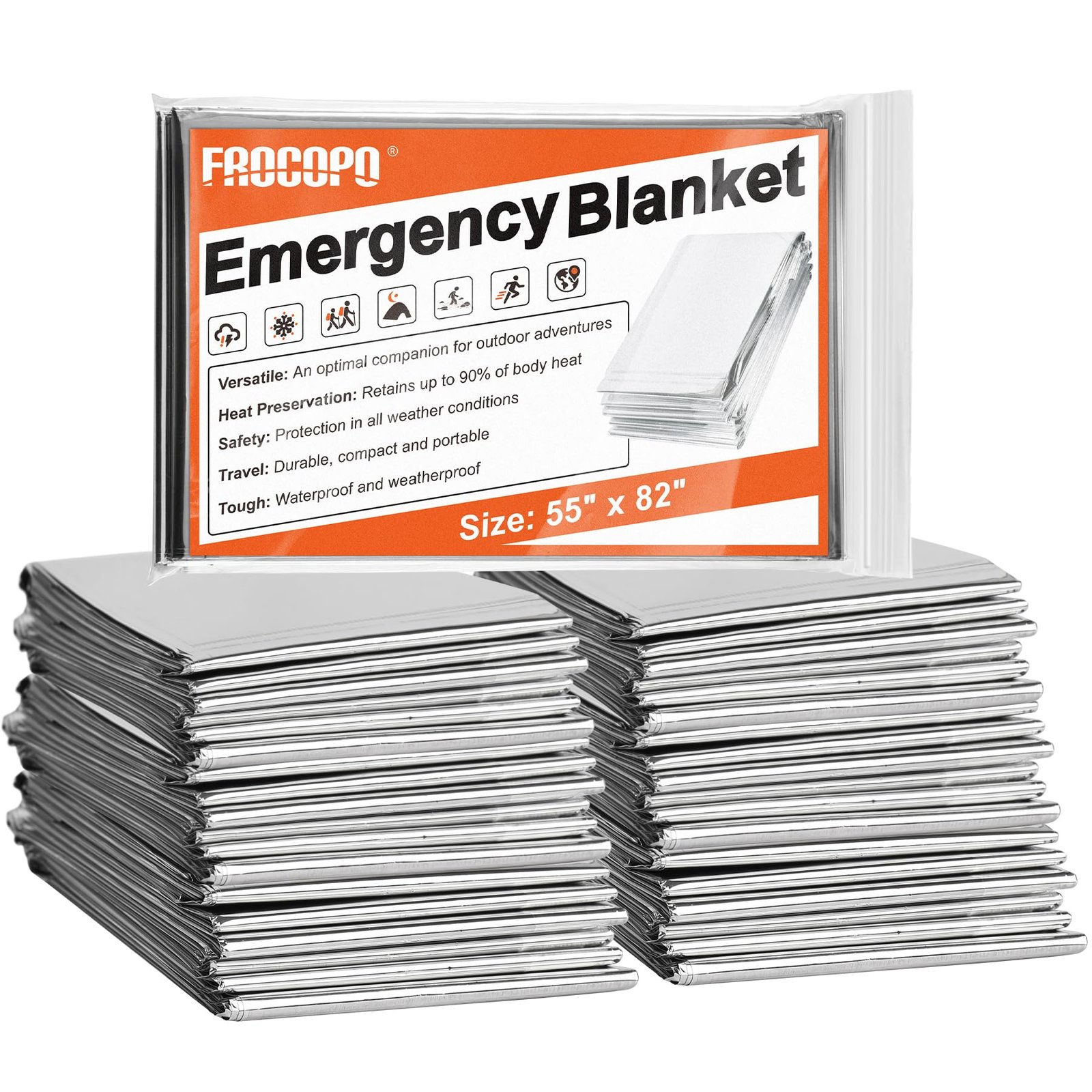 Frocopo 6-Pack Emergency Mylar Blanket, Aluminized Mylar, Silver, 55″ x 82″, Perfect for Outdoors, Hiking, Camping Survival