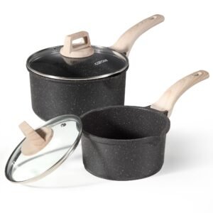 CAROTE Nonstick 1.5Qt & 3.0Qt Sauce Pan Sets with Lid, Black