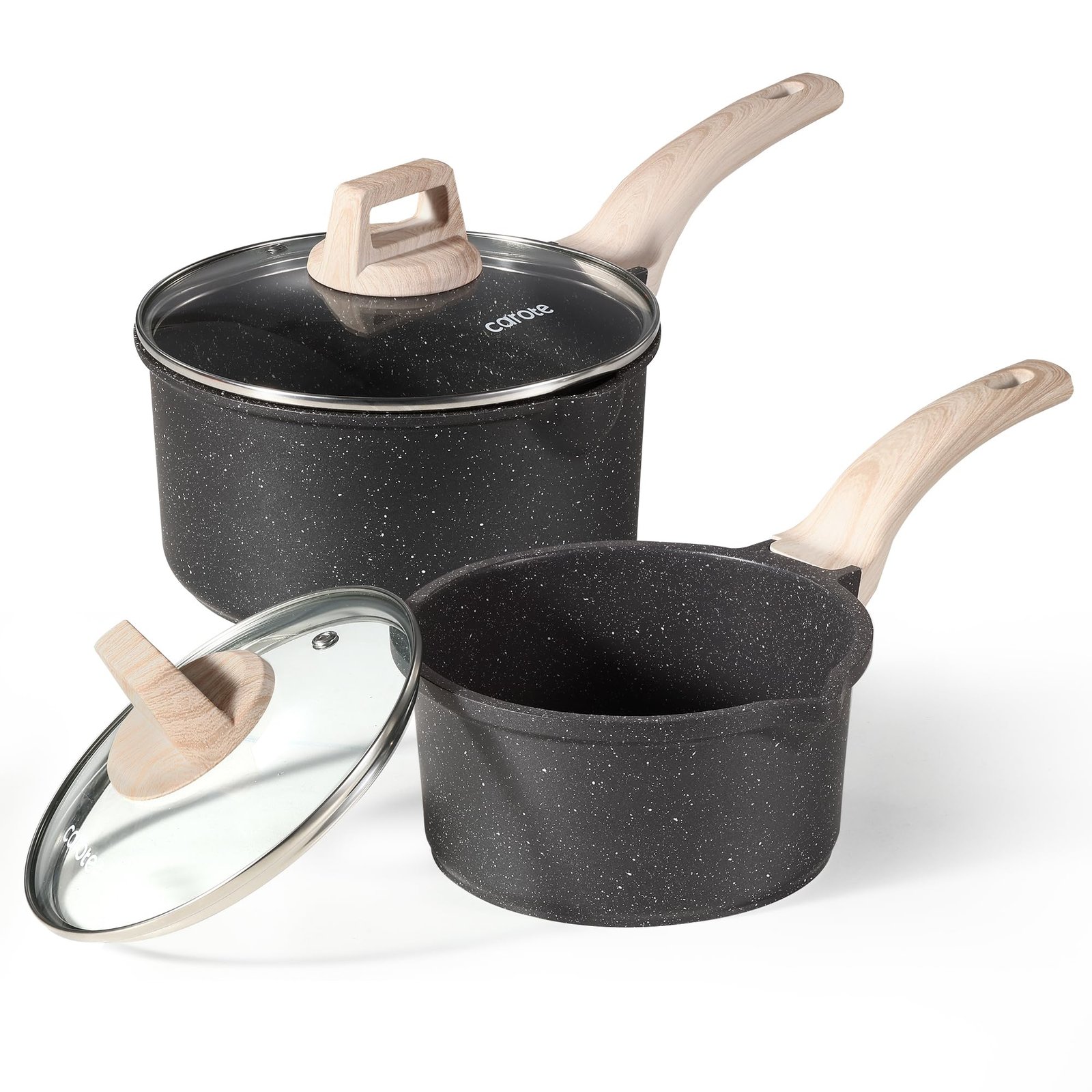 CAROTE Nonstick 1.5Qt & 3.0Qt Sauce Pan Sets with Lid, Black