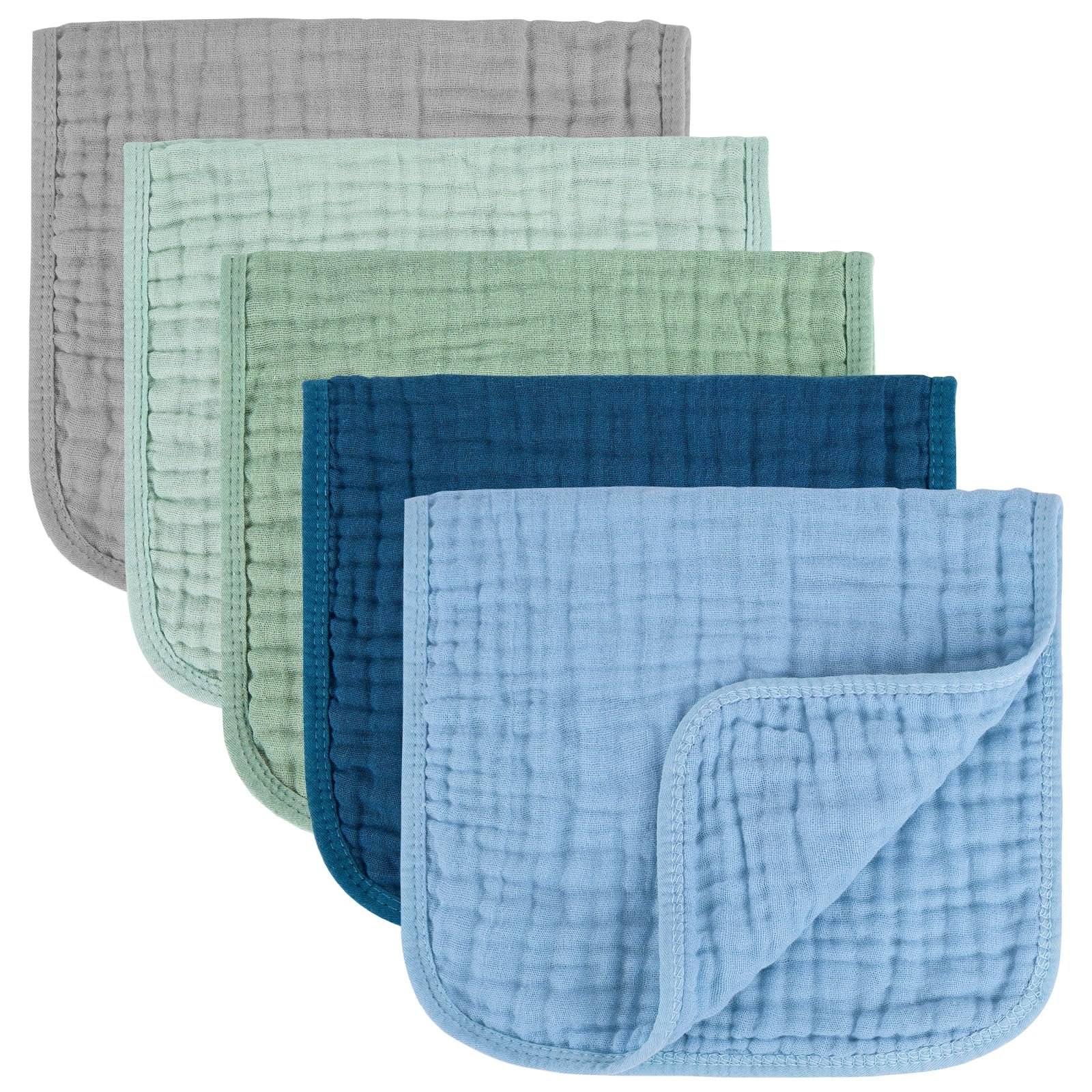 MIGIOL Baby Burp Cloth 100% Cotton Newborn Cotton Muslin Burp Cloth 10×20 inches (Blue & Green 5 Pieces)
