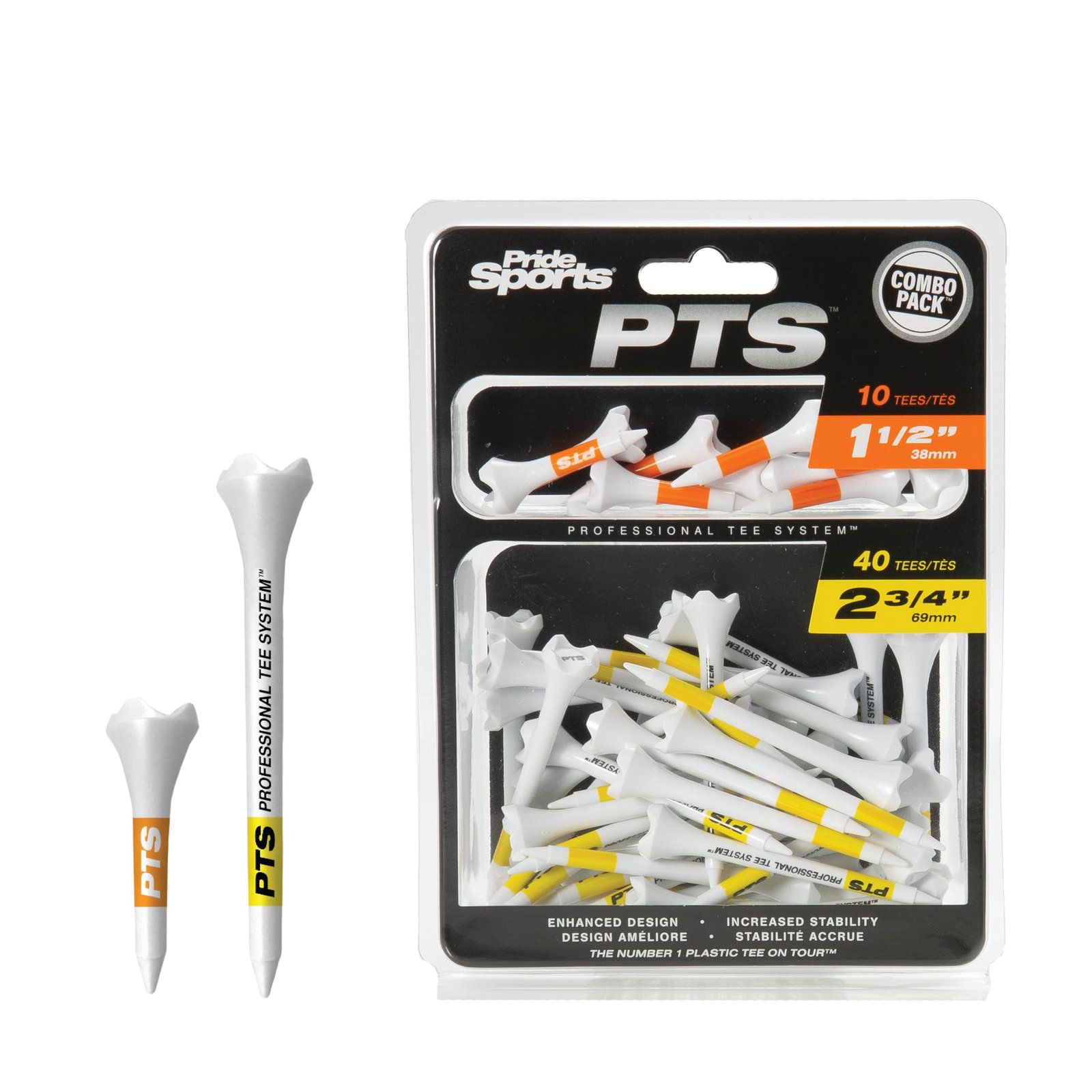 Pride Professional Tee System Evolution Plastic Golf Tees – Pack of 50, (40 Count 2-3/4-Inch and 10 Count 1-1/2-Inch)