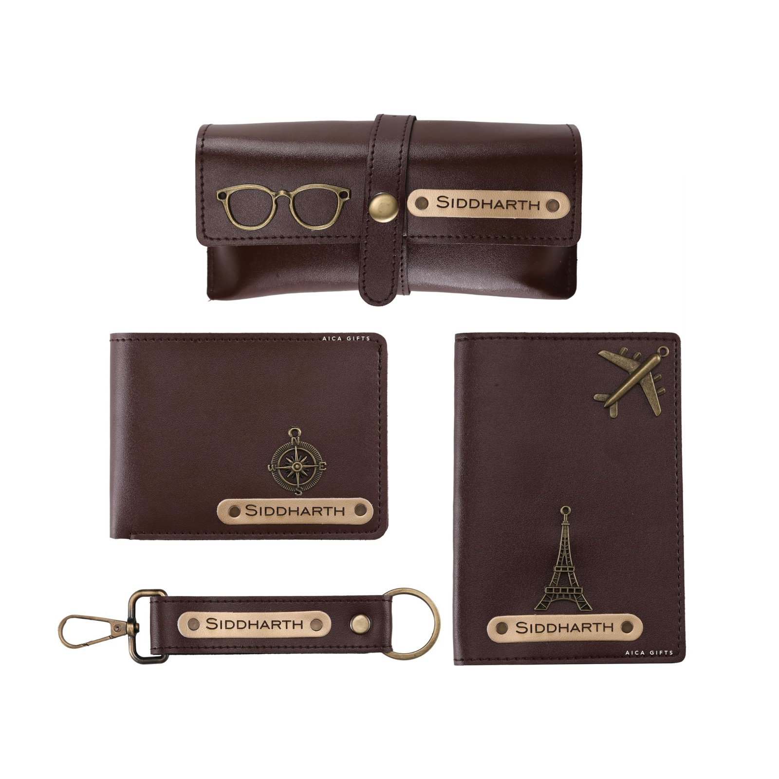 AICA Personalised Gift for Man Custom Name Wallet Accessories Combo Set for Husband Boyfriend Father (Darkbrown) | Rakhi Rakshabandhan Gift Hamper for Brother