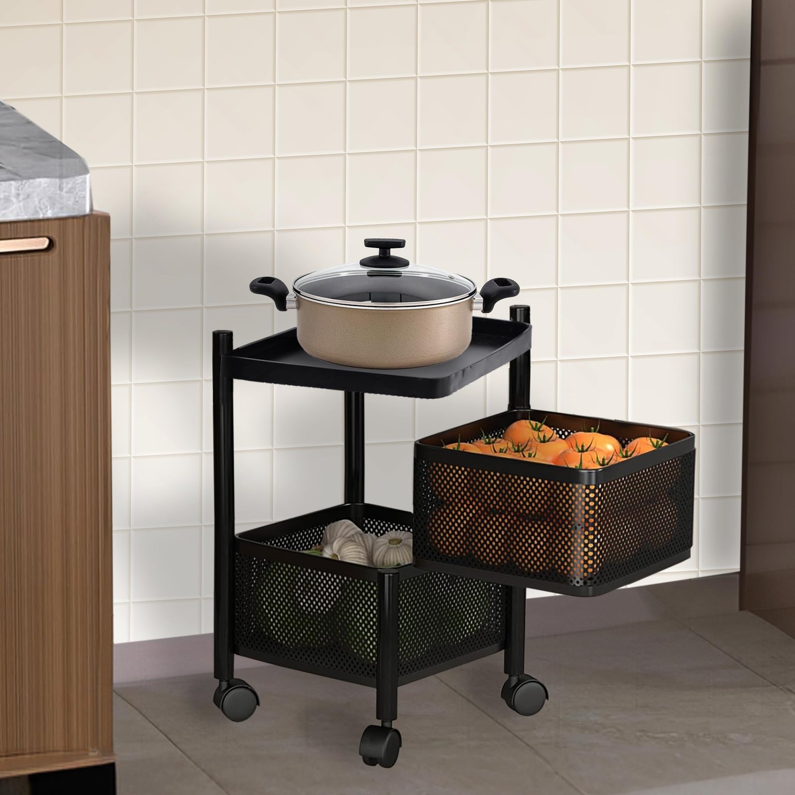 Kuber Industries Storage Rack | 2-Layer Square Multipurpose Storage Trolley with Wheels | Revolving Vegetable Kitchen Rack | Kitchen Cabinet Spice Rack | Metal Fruit Storage Rack | Black