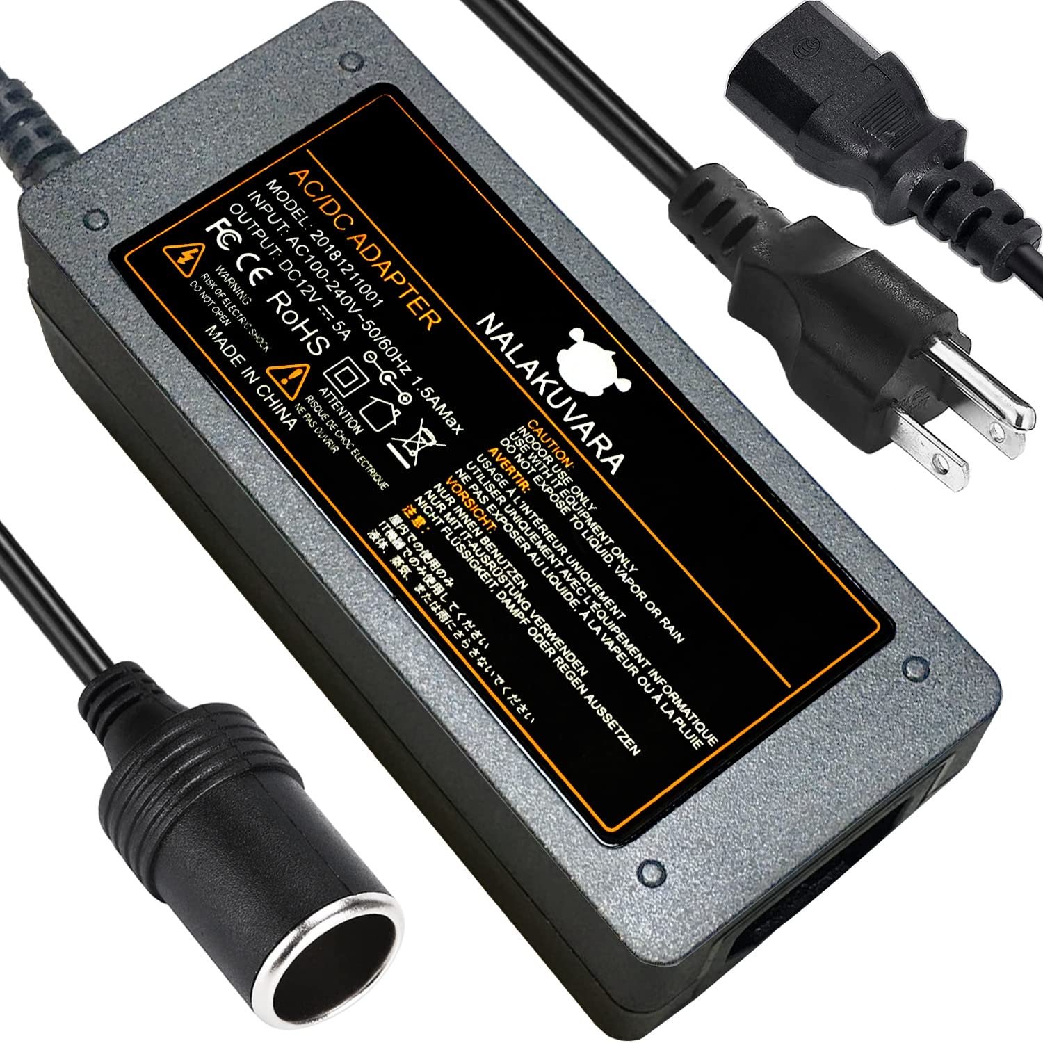 AC to DC Converter 110V to 12V 5A 60W Car Cigarette Lighter Adapter – Wall Plug Outlet Female Socket Converter – 110/120 to 12 Volt AC/DC Adapter Power Supply